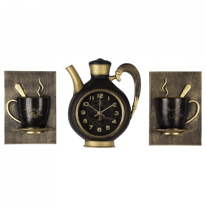 Часы РУБИН Чайник, 26,5х24 см, 2 чашки, корпус черный с золотом, "Gold" 100041137103