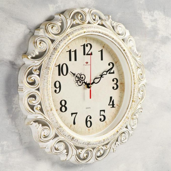 Часы настенные РУБИН серия: Ажур, d 40,5 см, белые с золотом, плавный ход (4126-008) 1409691