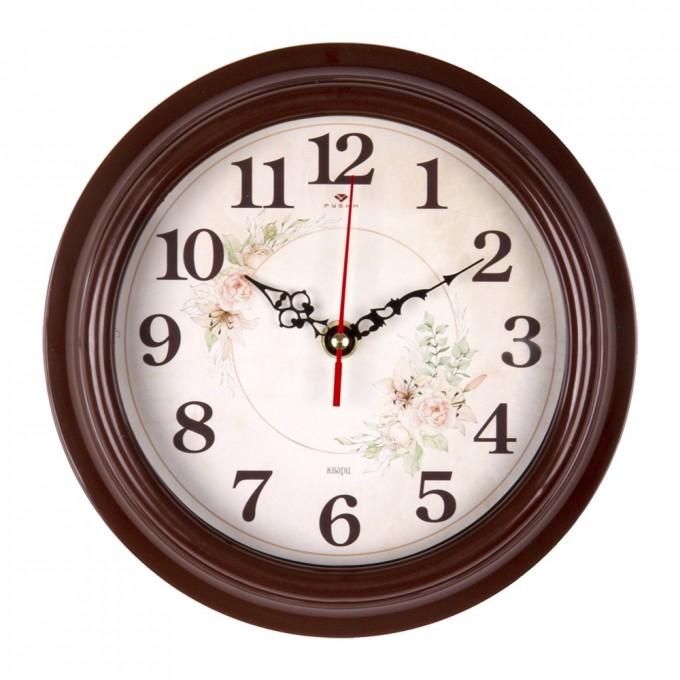 Часы настенные РУБИН круглые 21 см, корпус коричневый "Розы" () 2121-007