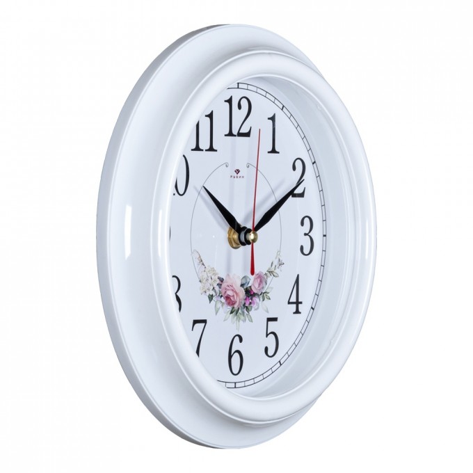 Часы РУБИН круглые 21 см, корпус белый Венок из роз 2121-139