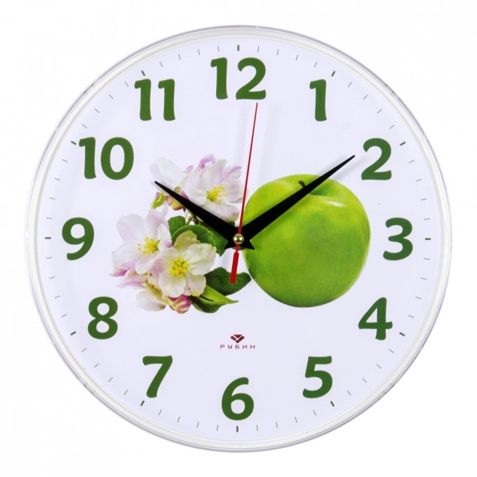 Часы РУБИН круглые d 25 см, основание белое "Зеленое яблоко" 2524-129