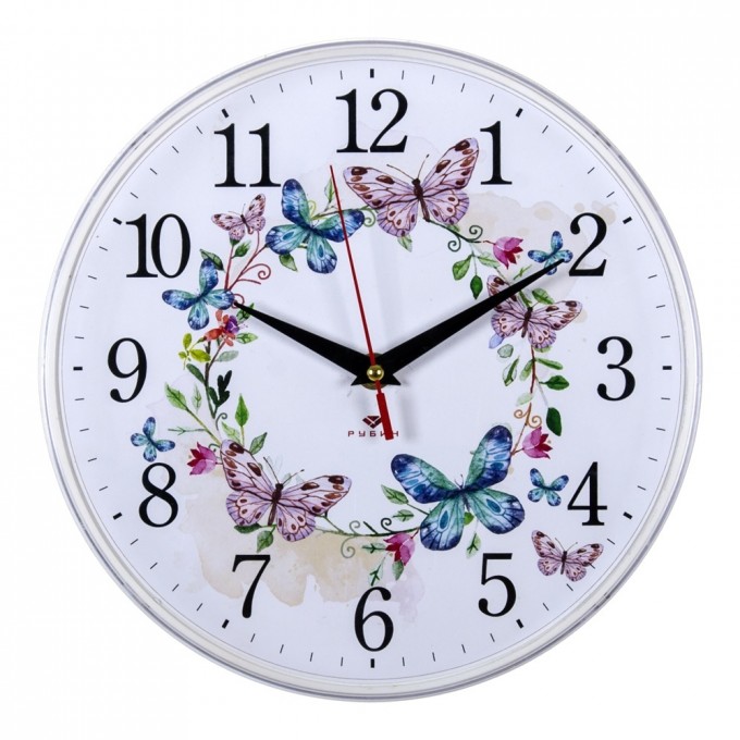 Часы настенные РУБИН круглые 25 см, основание белое "Венок из бабочек" () 2524-141