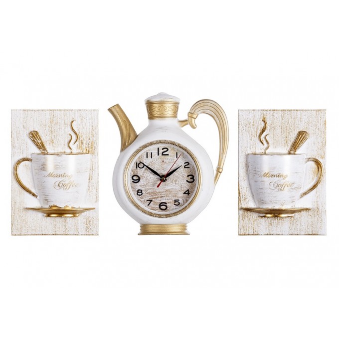 Комплект, часы настенные чайник 26,5х24см+2 чашки, корпус белый с золотом, 2622-2-002
