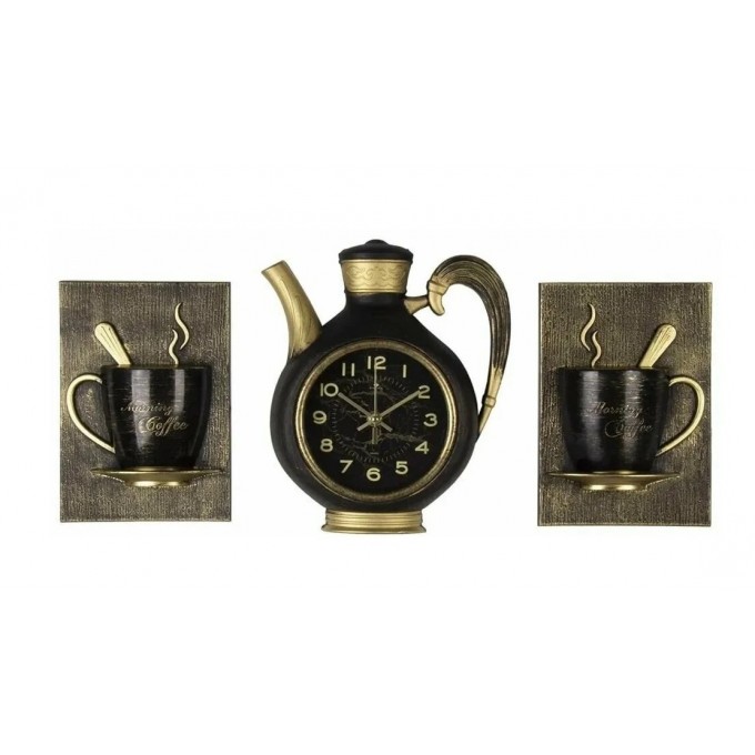 Комплект, часы настенные чайник 26,5х24см+2 чашки, корпус черный с золотом, 2622+2-003