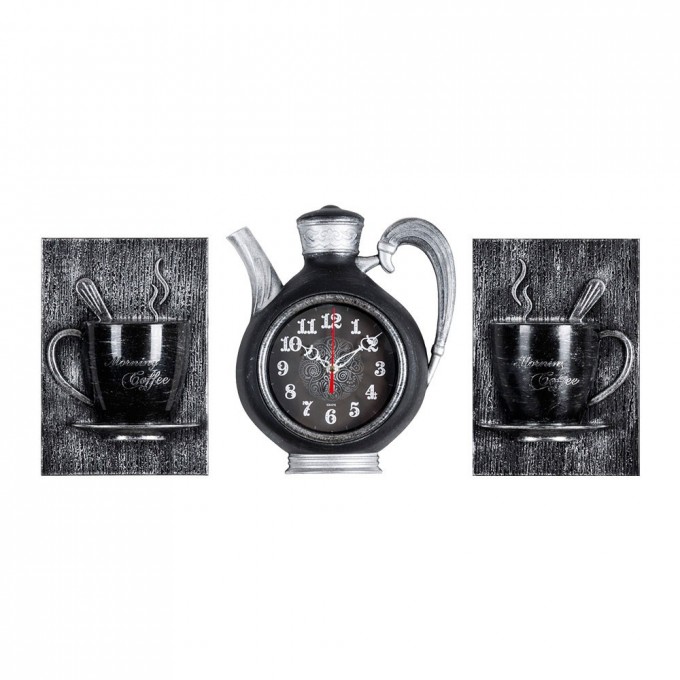 Комплект, часы настенные чайник 26,5х24см+2 чашки, корпус черный с серебром, 2622+2-004