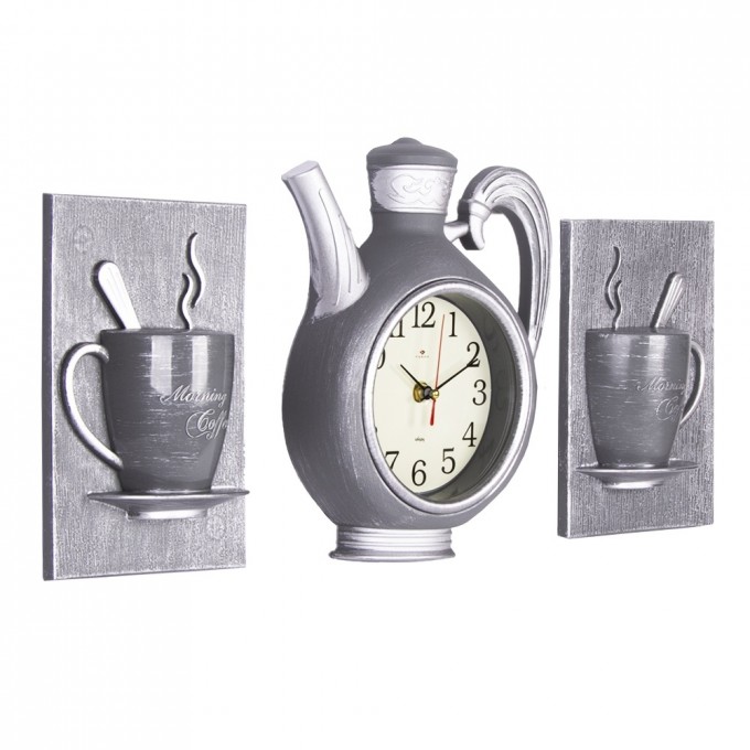 Часы РУБИН чайник 26,5х24см, 2 чашки, корпус серый с серебром "Классика" 2622+2-006