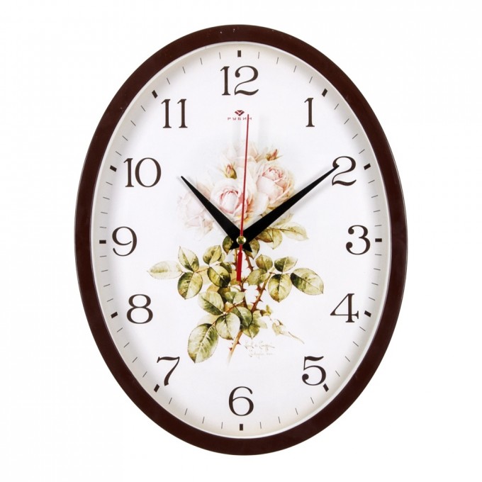 Часы настенные РУБИН овал 22,5х29 см, корпус коричневый "Ретро цветы" 2720-111