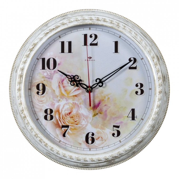 Часы РУБИН круглые 28,5 см, корпус белый с золотом Акварельные розы 2950-106