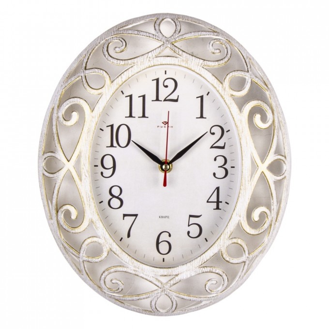 Часы настенные РУБИН овальные 31х26 см, корпус белый с золотом "Классика" () 3126-007