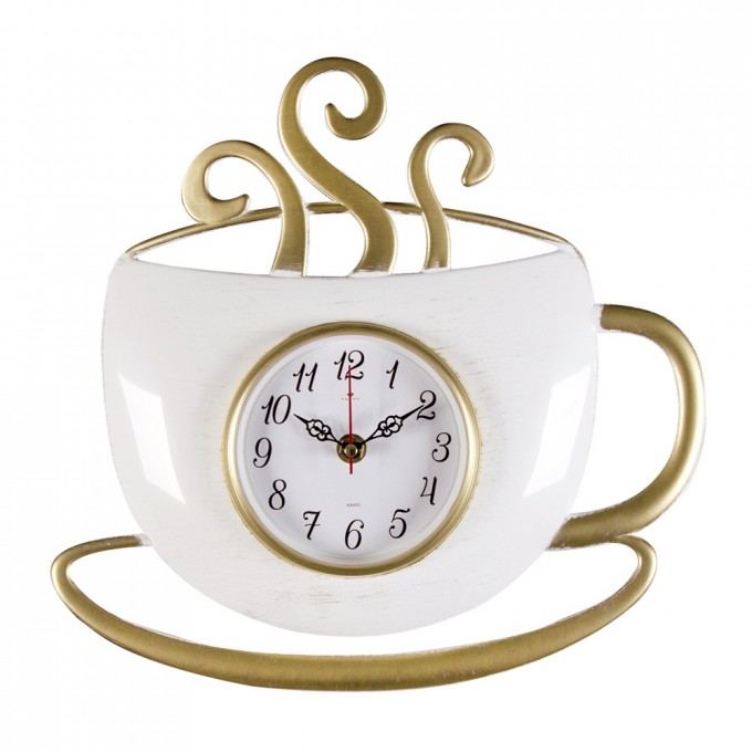 Часы настенные РУБИН чашка с дымком 31,5 х30,5 см, корпус белый с золотом "Классика" 3432-005