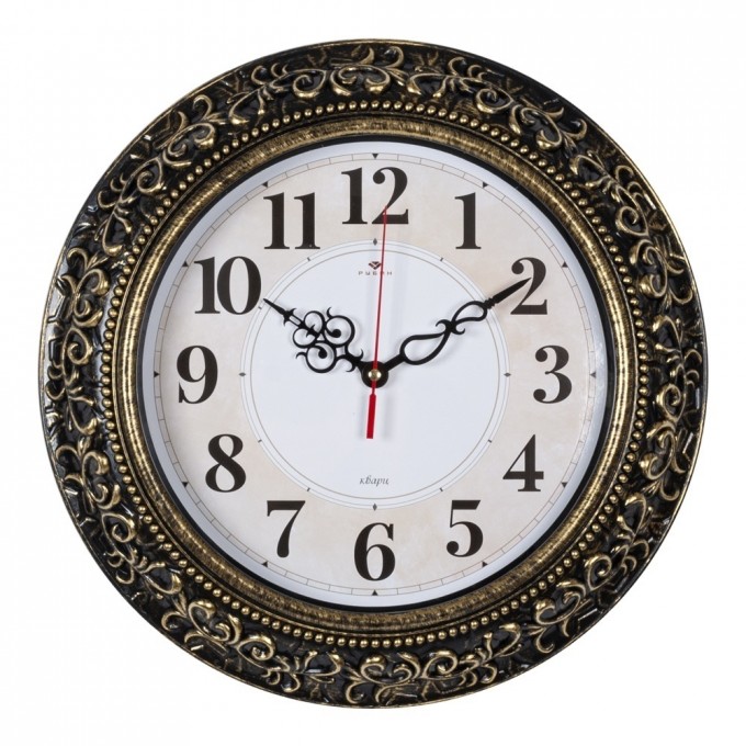 Часы настенные РУБИН круг, D 35 см, корпус черный с золотом, "Классика" 3524-007