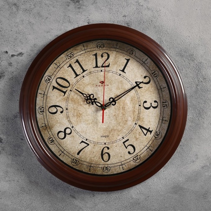 Часы настенные РУБИН круглые, "Классика ретро", 35 см, обод коричневый () 3527-122