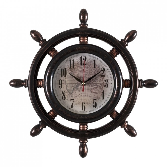 Часы настенные РУБИН штурвал d 15 см, корпус черный с бронзой "Карта" 3615-105
